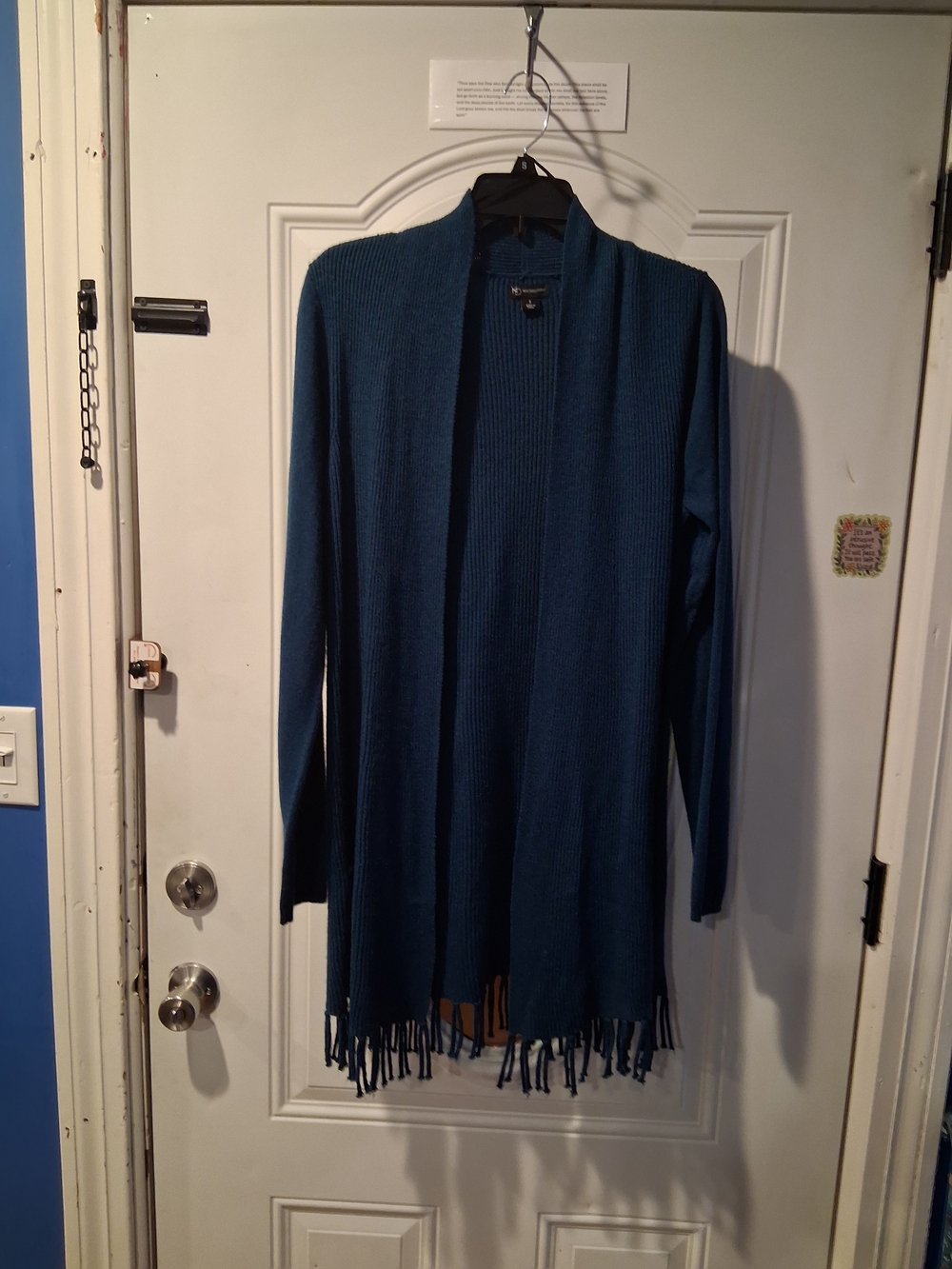 Vintage New Directions Teal Blue Open Front Long Fringe Cardigan Sweater Size S